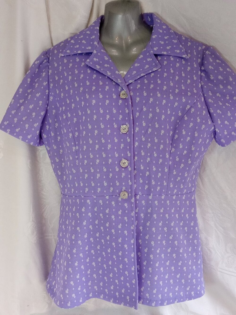 Vintage 70's Woman Light Lilac Purple White Mod Abstract Flower Blouse XL Shirt - Picture 2 of 11